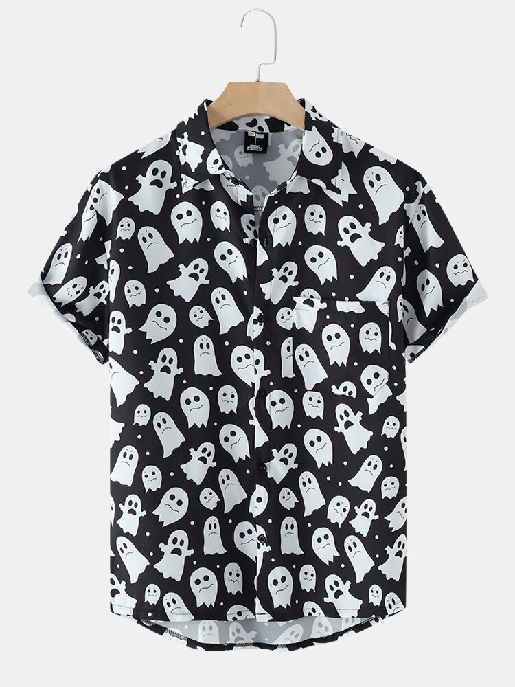 Heren Halloween Allover Ghost Print Button Up Pocket Casual Shirts