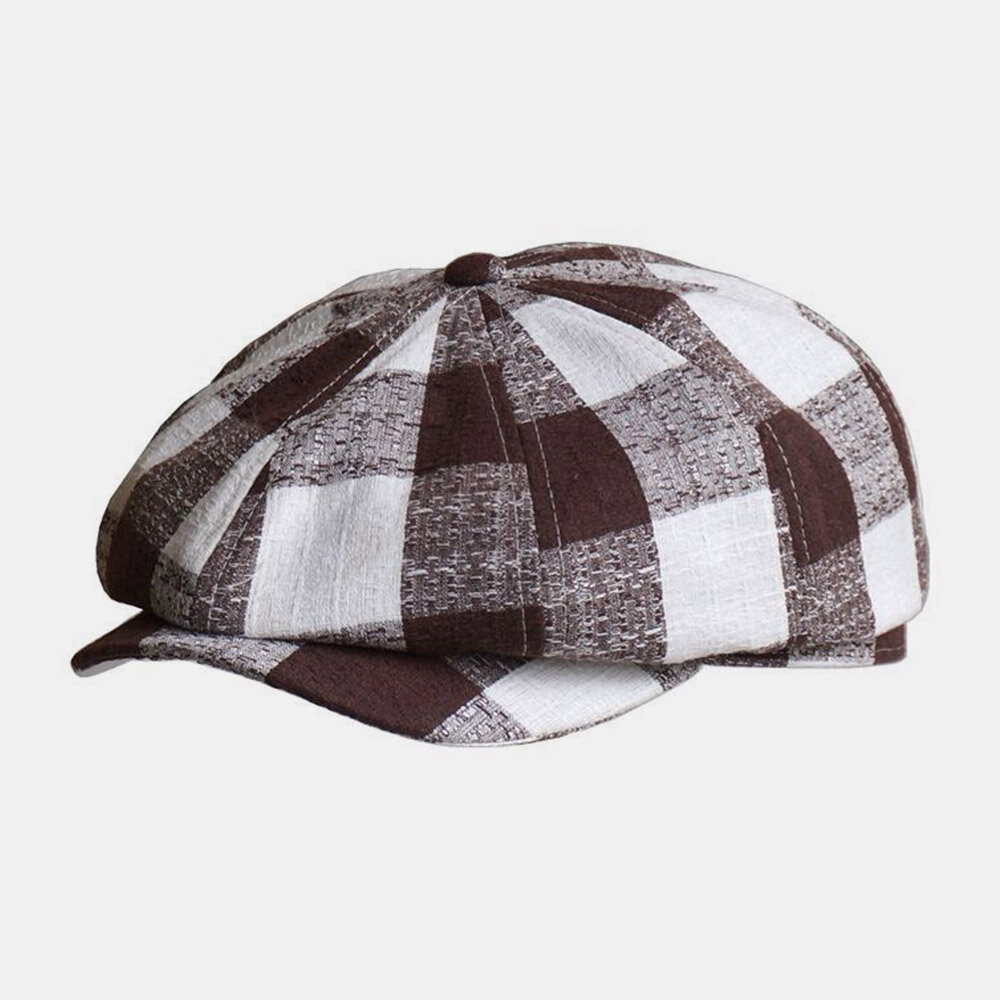 

Unisex Thin Plaid Beret Cap Cotton Breathable Painter Hat Newsboy Hat Octagonal Hat