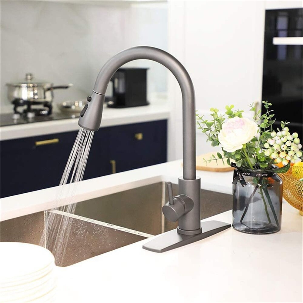 

Modern Kitchen Stainless Steel Sink Pull Out Faucet Sprayer One-Button Water Stop Spring Mixer Tap