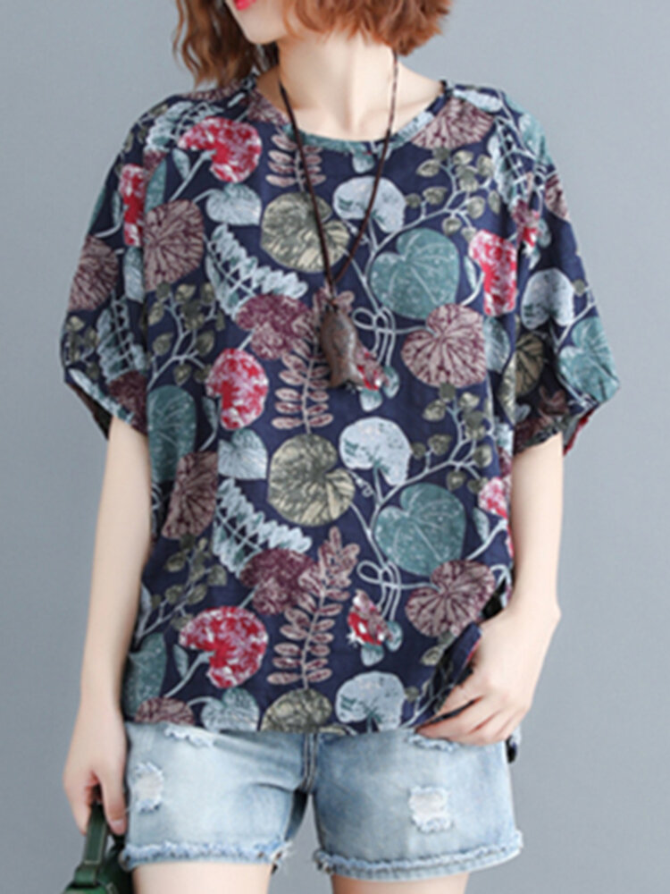 Women Plant Leaf Print Round Neck Casual Relaxed Half Sleeve Blouses