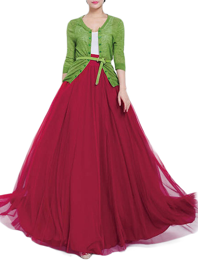 Image of Solid Color Mesh Tulle Pleated Maxi Skirt