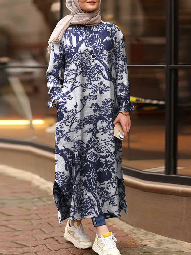Dames katoenen etnische stijl bloemenprint losse mantel lange mouw split zoom jurk