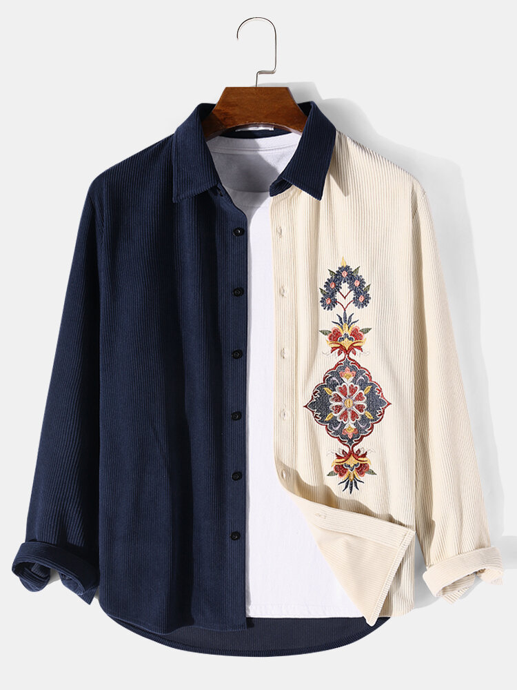 

Mens Ethnic Floral Embroidered Patchwork Corduroy Long Sleeve Shirts