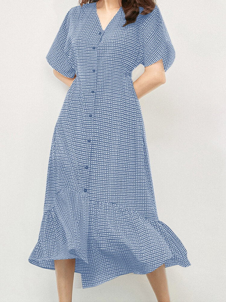 

Raglan Buttons Plaid V-Neck Short Sleeve Spliced Dress