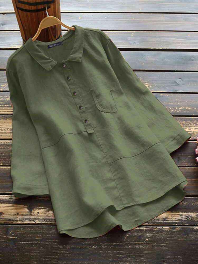 Women cotton solid color high-low hem 3/4 sleeve button casual blouse