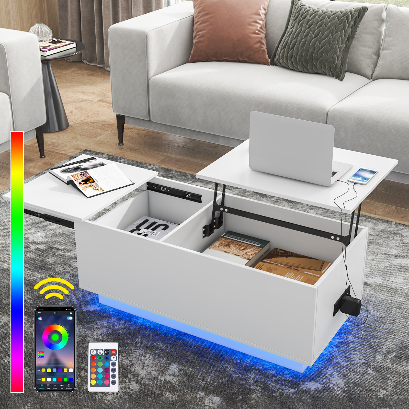 

Hommpa LED Lift Top Coffee Table with Charging Station High Gloss Rectangle Center Tea Desk White Hidden Storage Rising