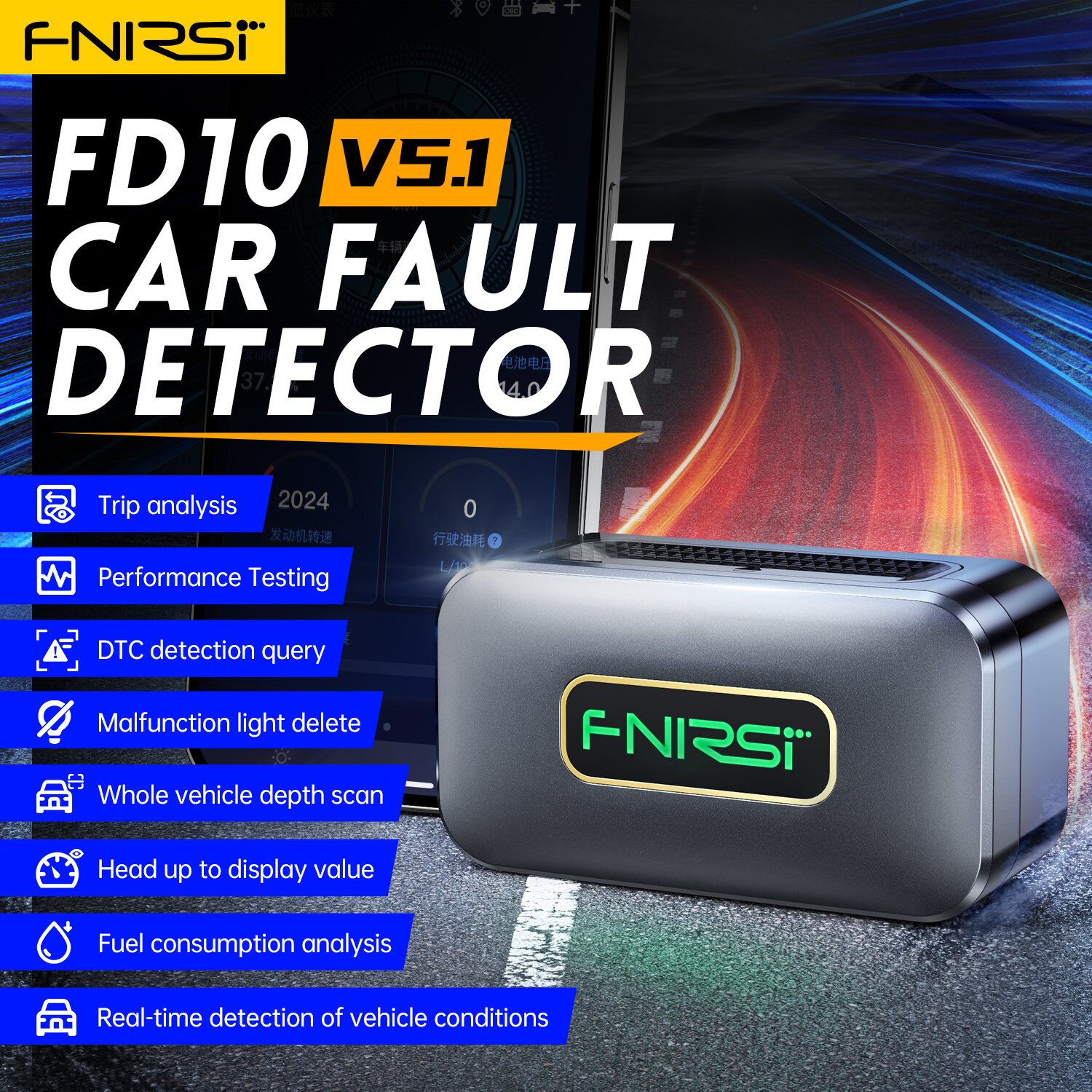 FNIRSI FD10 Car OBD2 Scanner Code Reader Clear Error OBD Diagnostic Tool IOS Android BluetoothV5.1 Check Engine Light Ca