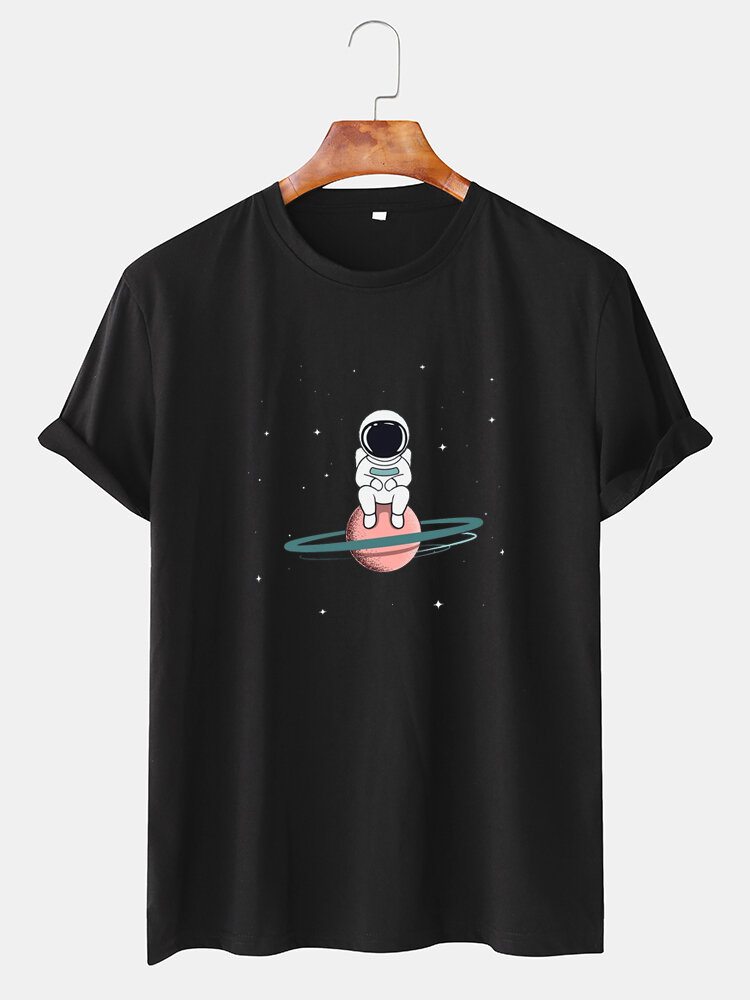 Heren astronaut cartoon print ronde hals T-shirts met korte mouwen