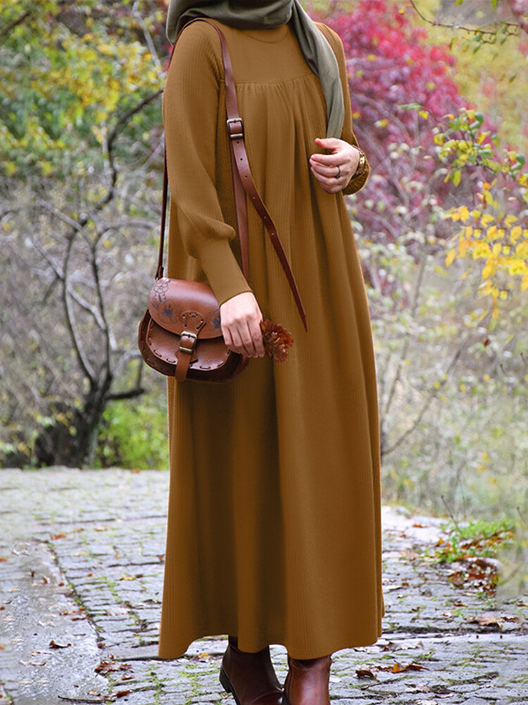 Dames vintage effen kleur pofmouwen geplooide casual moslim kaftan maxi-jurk