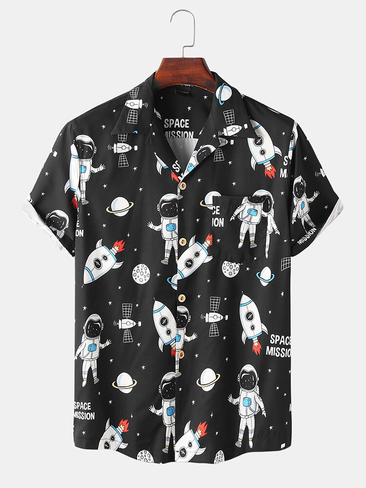 Mens Astronaut Cartoon Ruimteschip Print Casual shirts met korte mouwen