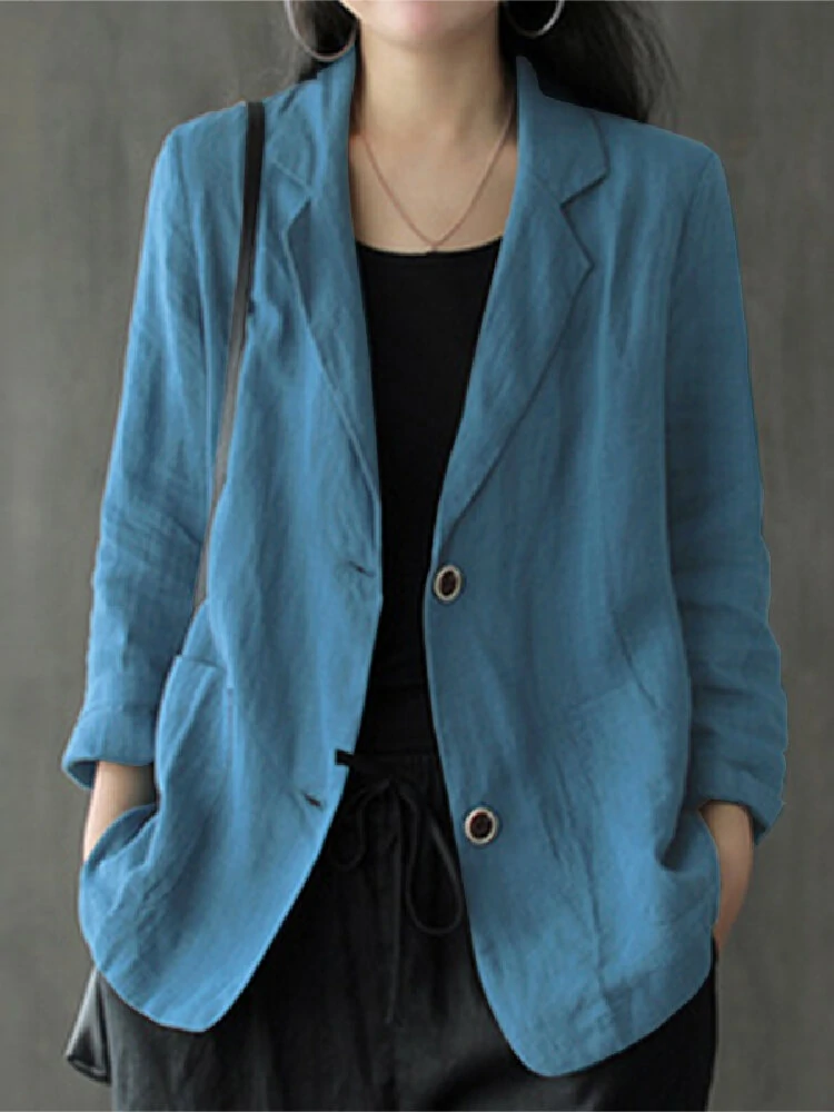 Women Cotton Solid Color Button Front Business Thin All Match Blazer With Pocket