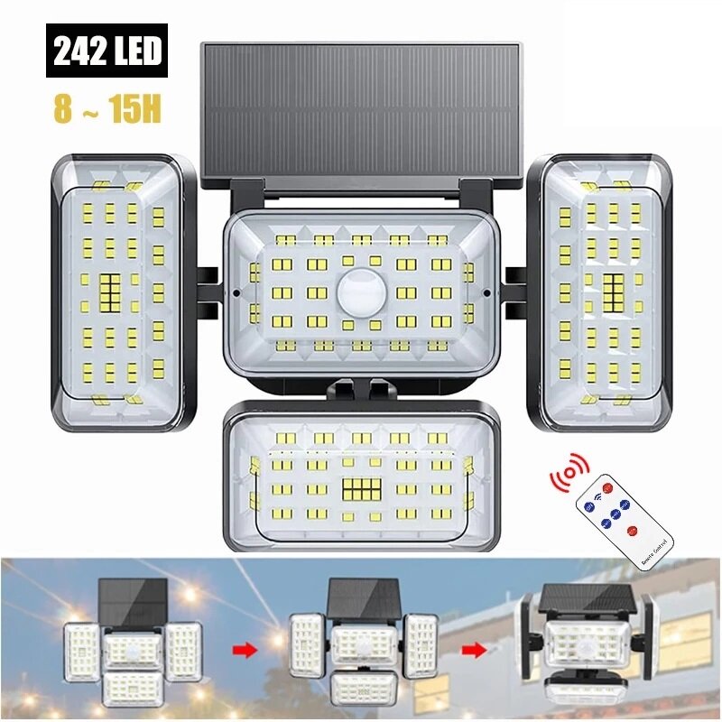 4 Head 242 LED Solar Wall Light Motion Sensor 270° Wide Angle with Remote Control LED Flood Light Outdoor Waterproof