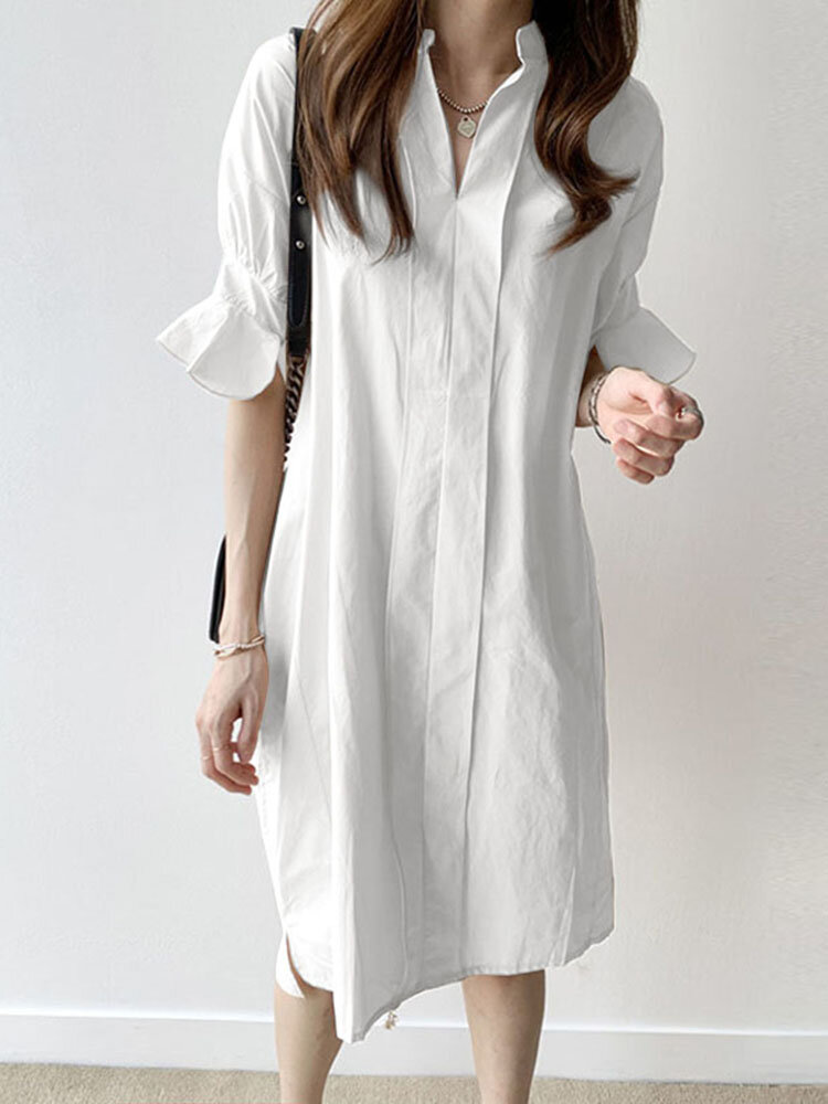 

Casual Plain Lapel Button Half Sleeve Side Pocket Shirt Dress