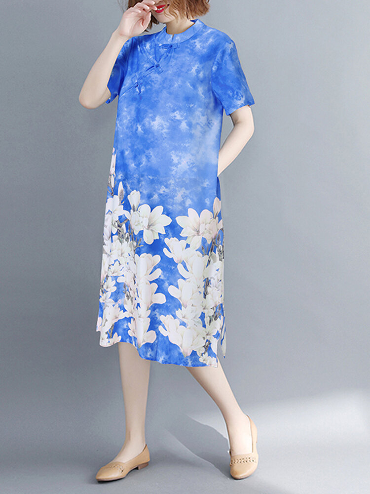 Short Sleeve Spliced Floral Casual Tie-dyed Dress For Women