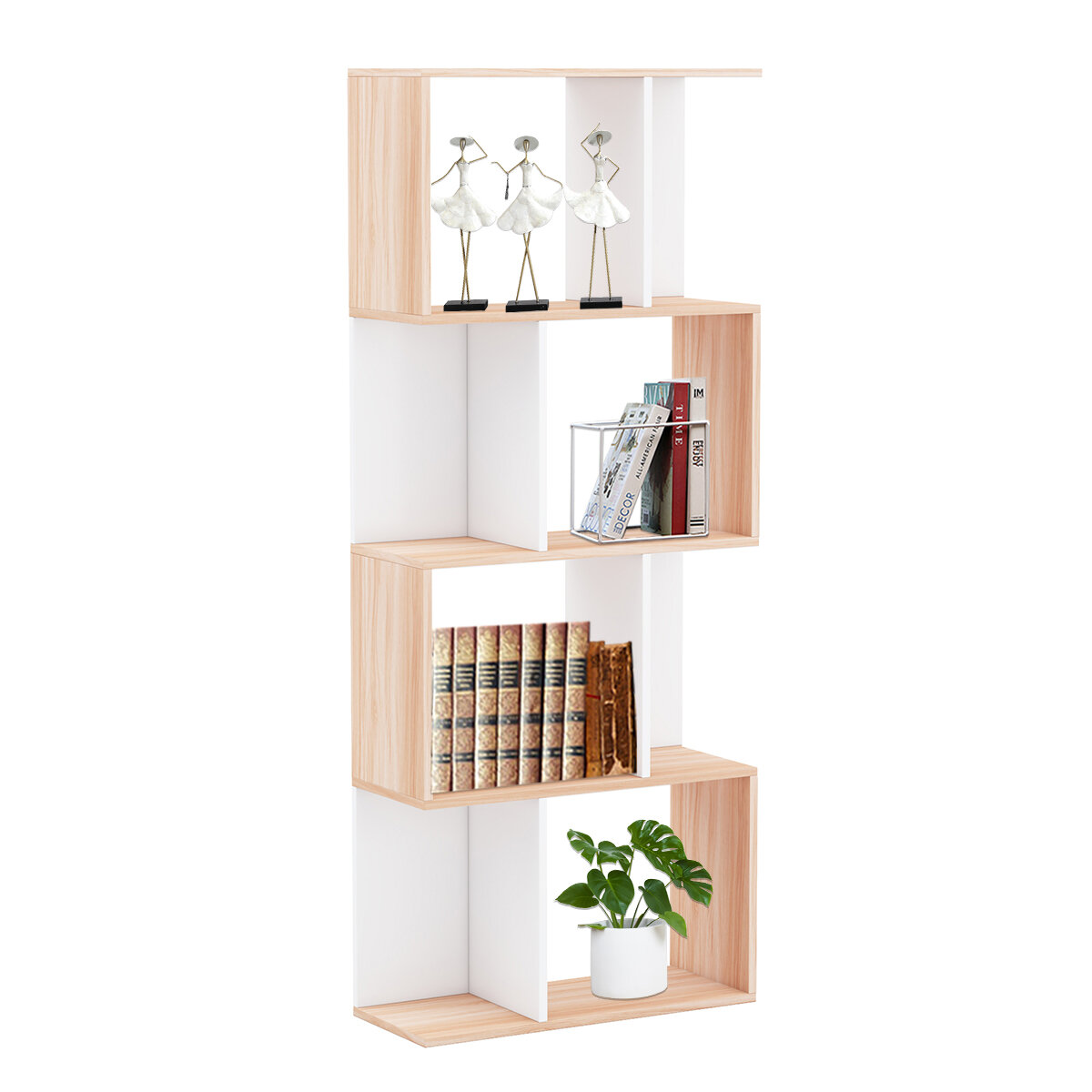 Hoffree 4 Tier Board Bookshelf Storage Organiser Geometric Modern Bookcase S Shaped Shelves Z Shaped Wooden Home Bedroom Furniture