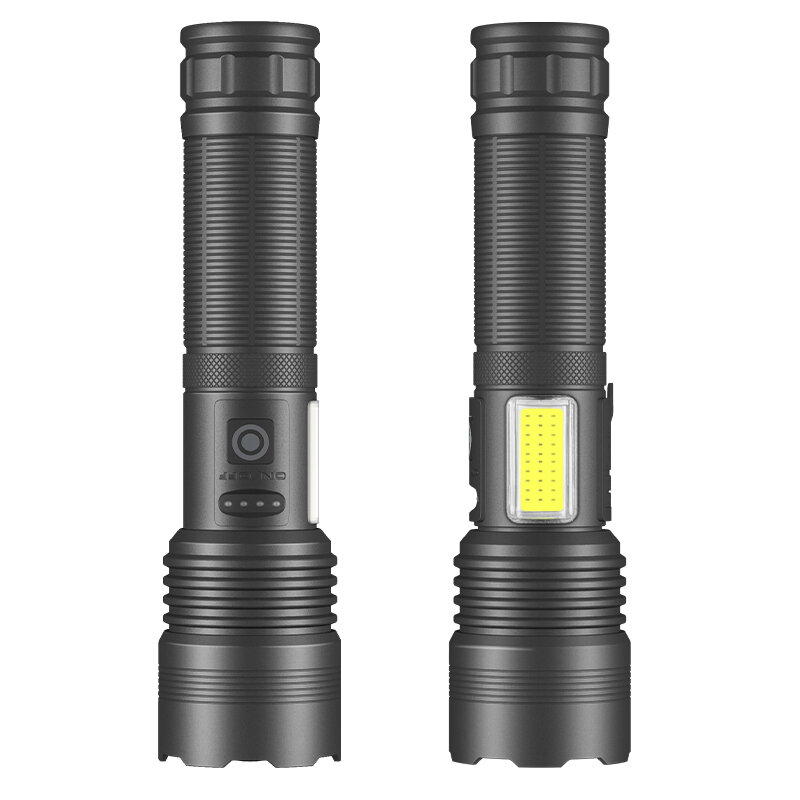 

High Power XHP70 Rechargeable LED Flashlight Side Light COB Red And White Light Waterproof Torch Telescopic Zoom USB Han