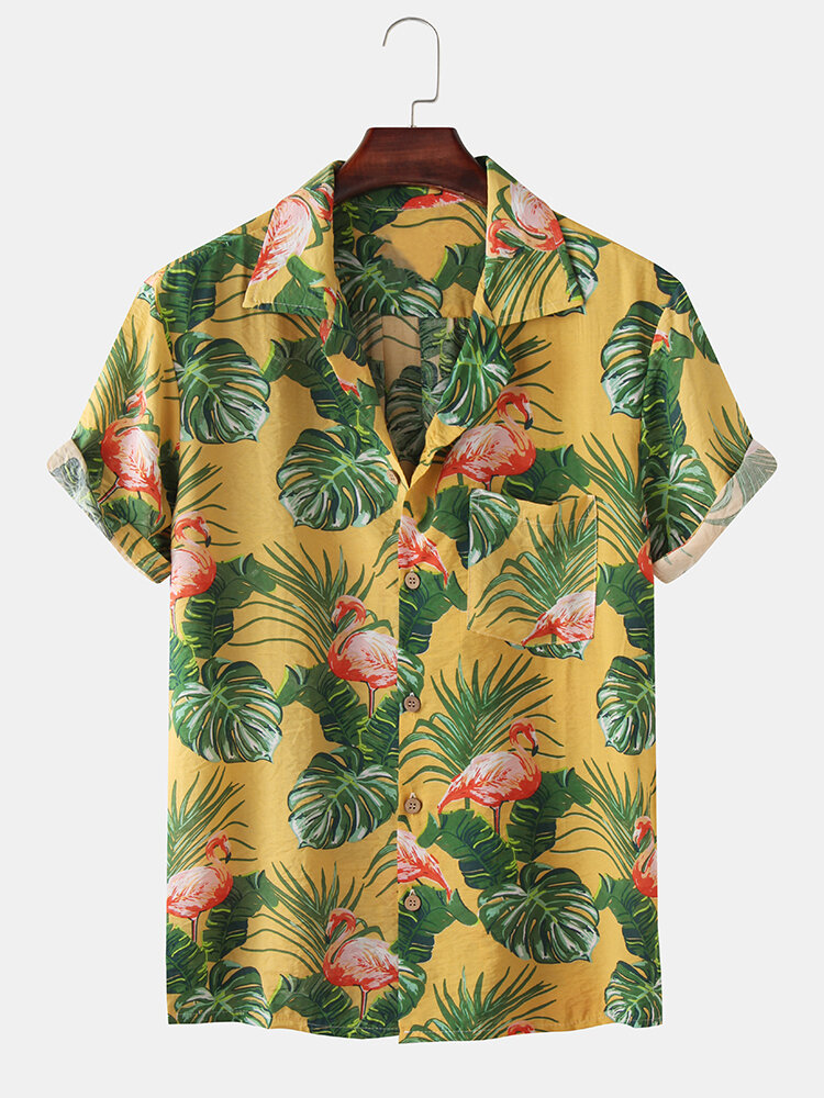 

Men Flamingo Printed Chest Pocket Botton UP Turn Down Collar Hawaii Beach Short Sleeve Shirts