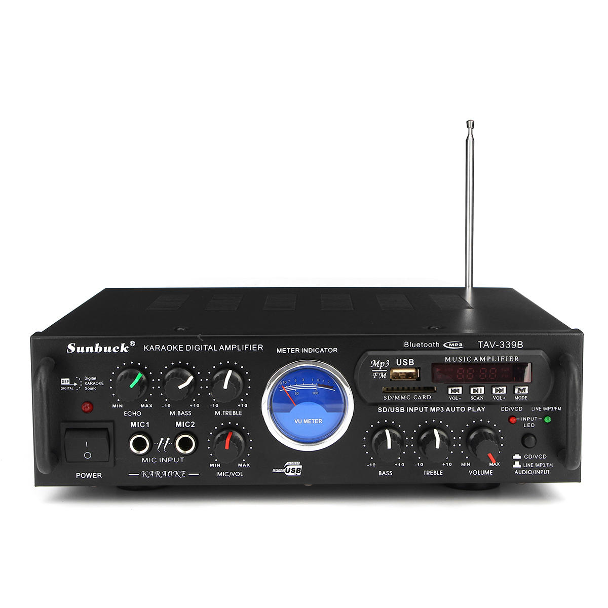 

Sunbuck TAV-339B bluetooth 600W Karaoke Power Stero Amplifier With VU Meter FM 2 Channel USB SD