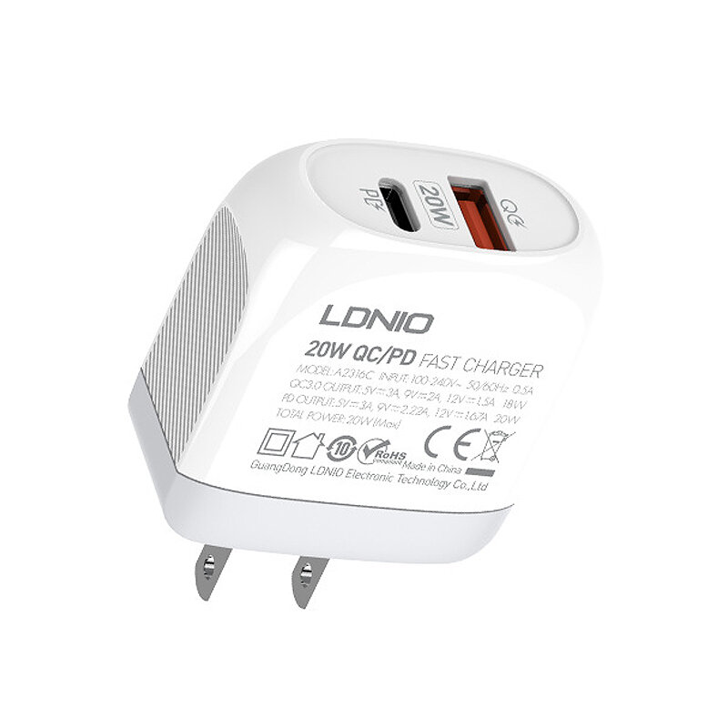 

LDNIO A2316C 20W 2-Port USB PD Charger USB-A+USB-C PD QC3.0 Fast Charging Wall Charger Adapter EU Plug with 1M USB-A/Typ