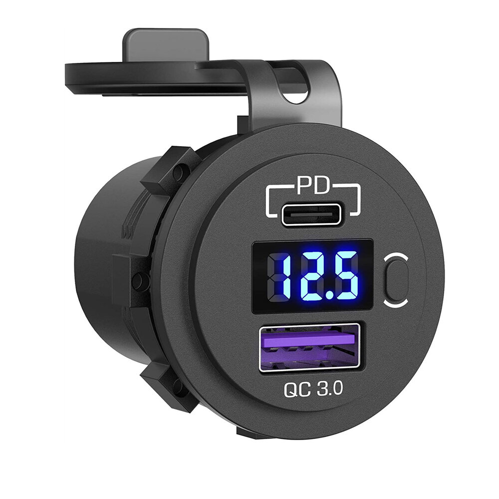 

12-24V 48W Двойное USB автомобильное зарядное устройство PD3.0&QC3.0 с LED вольтметром, выключателем и быстрой зарядкой