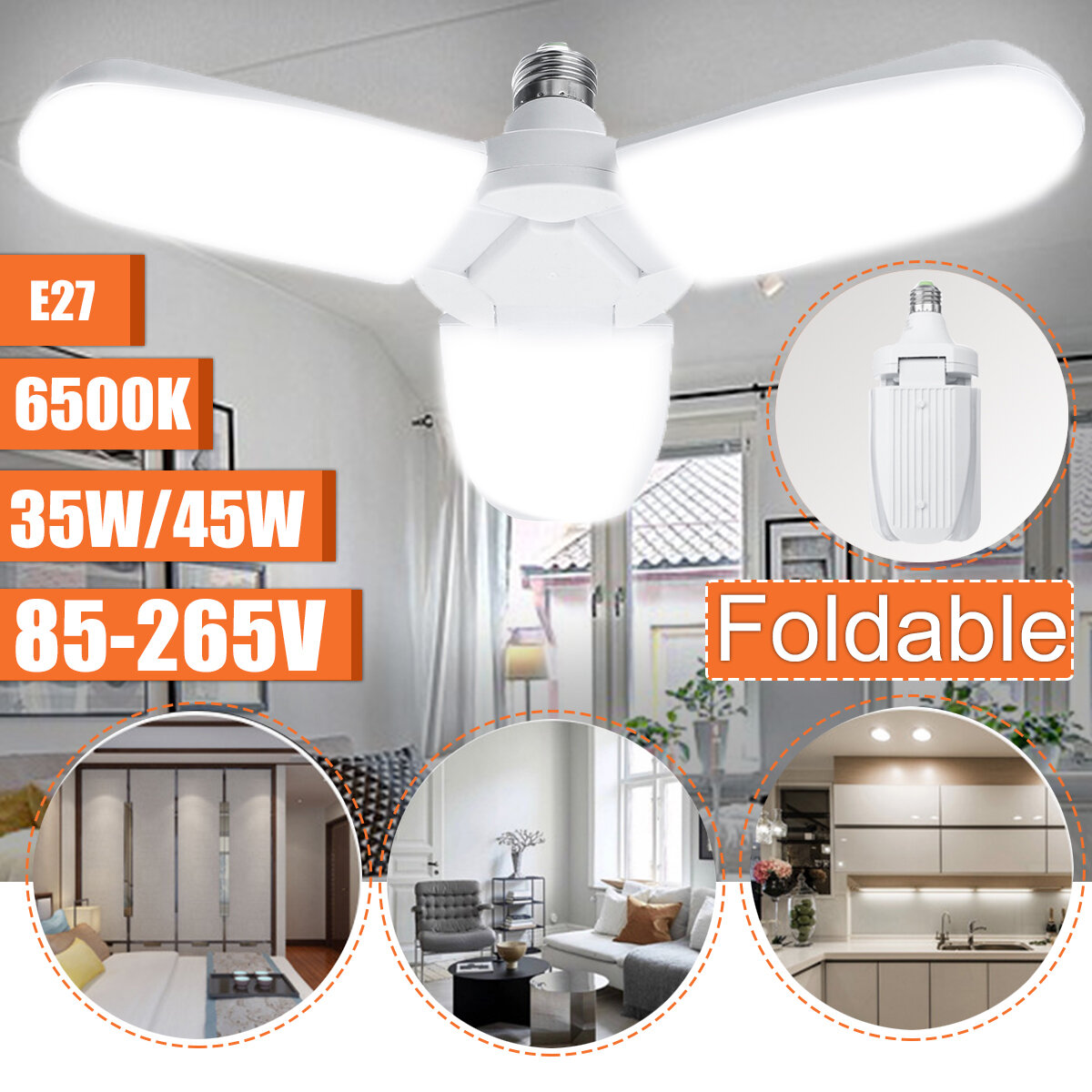 AC85-265V 35W/45W E27 Deformable LED Garage Light Foldable Fan Three-Blade Ceiling Workshop Lamp Bul