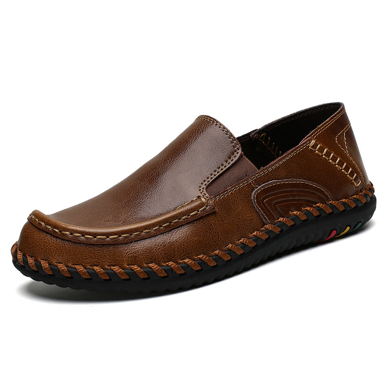 55% OFF on Men Pure Color Soft Leather Slip Resistant Wide Fit Casual Slip-on Hand Stitching Shoes