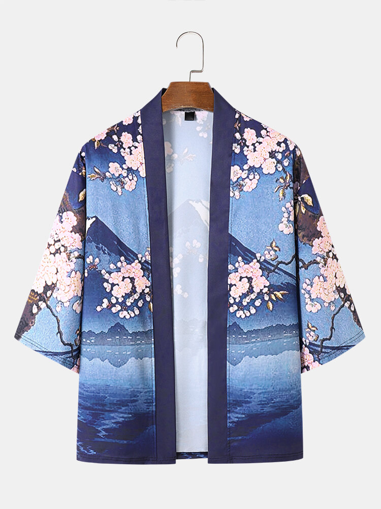 Mens Floral & Mountain Scene 3/4 Sleeve Length Kimonos