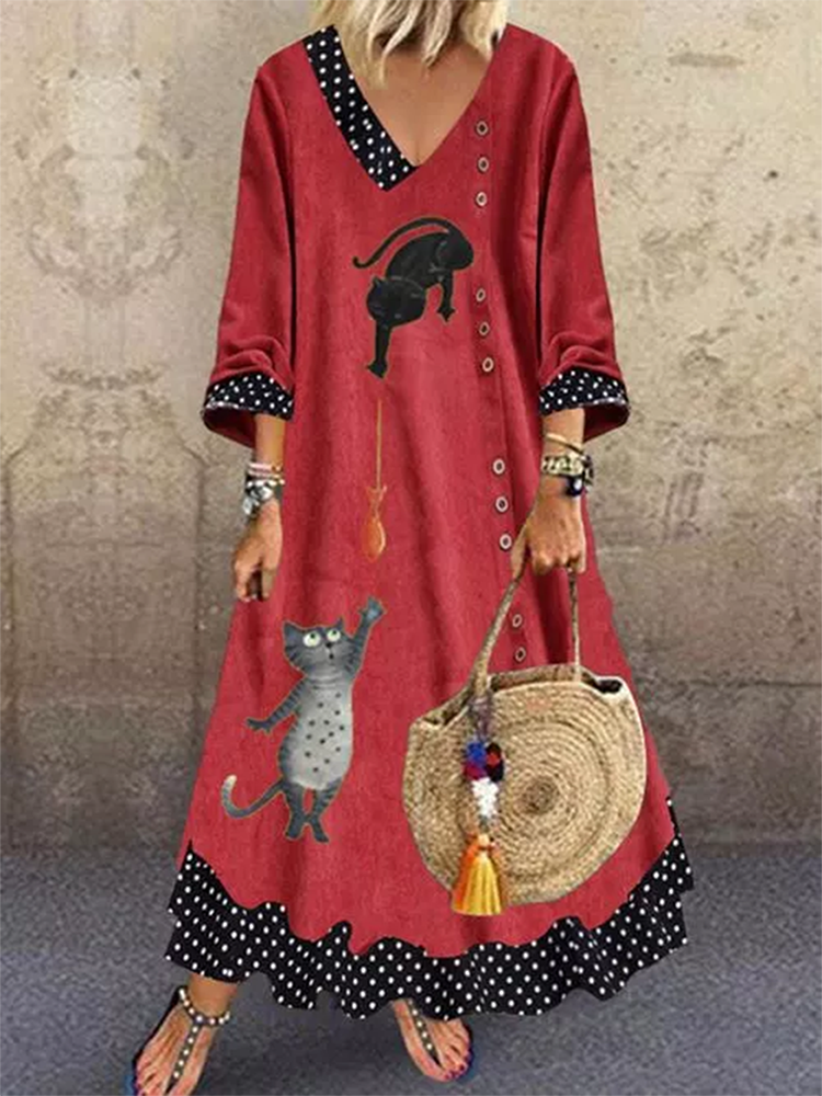 

Женщины смешной мультфильм Кот горошек лоскутное v-образным вырезом с длинным рукавом повседневные макси платья