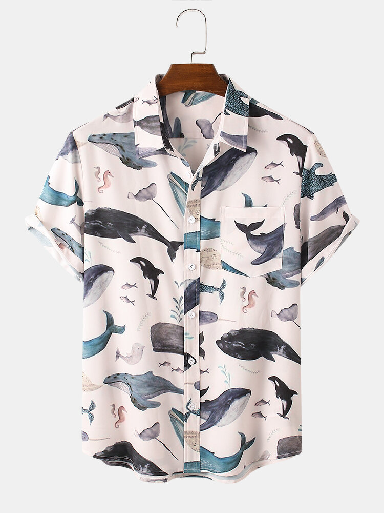 Mens Casual Sea Shark Pattern Short Sleeve Shirts