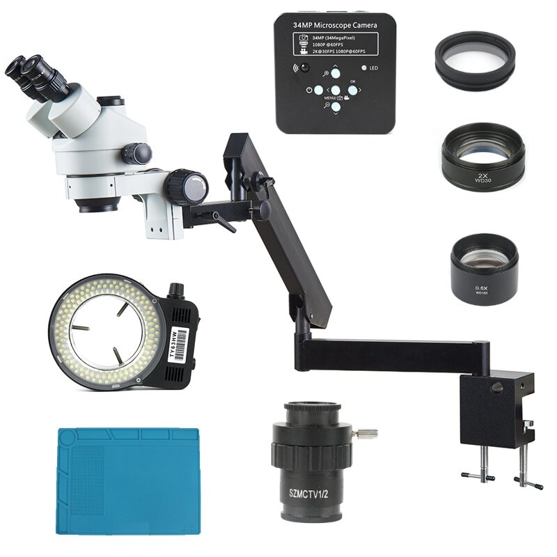 3.5X - 90X Scharnierende Arm Pijler Klem Zoom Simul Focal Trinoculaire Stereo Microscoop + 34MP Vide