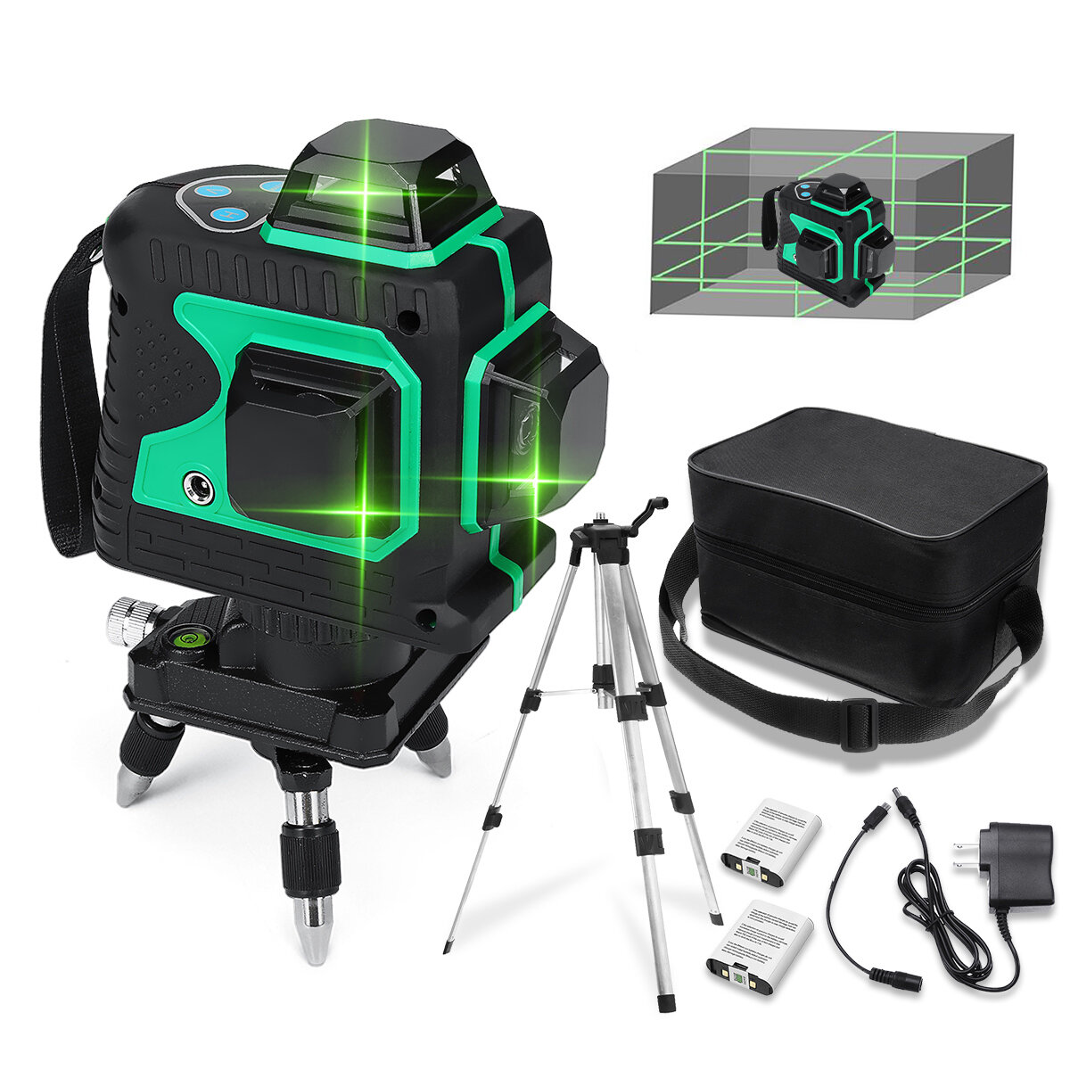 MUSTOOL 3D Green Auto Laser Level 12 Lines 360° Horizontal & Vertical Cross Build Tool Measuring Tools with 2 Batteries