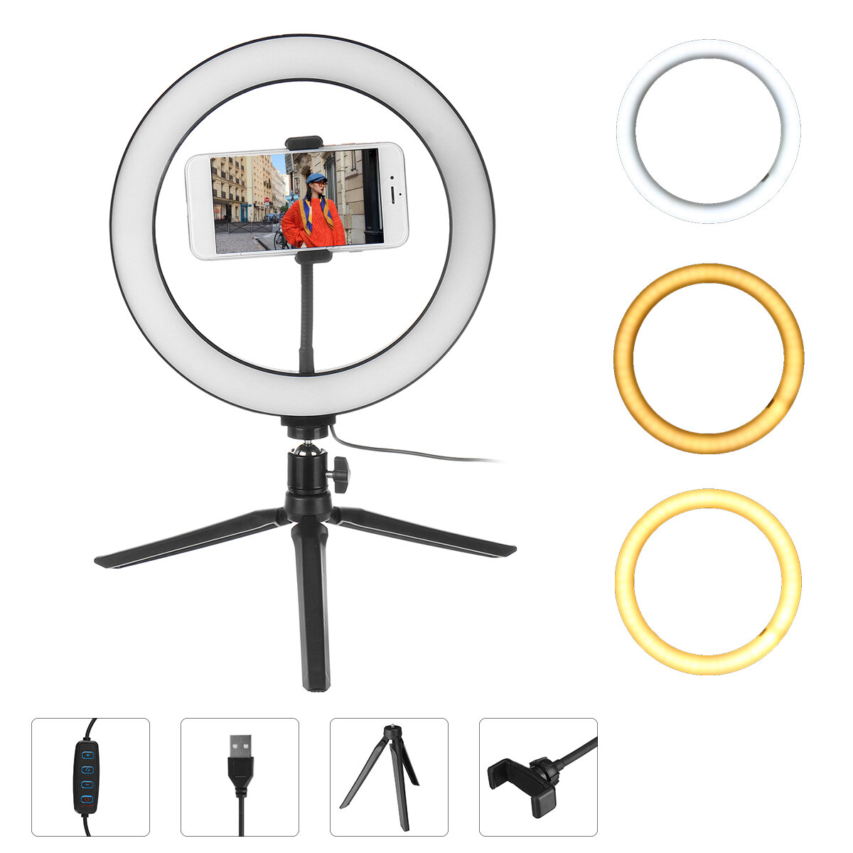 

3 Light Modes Dimmable 10 inch LED Ring Fill Light LED Ring Full Light Desktop Tripod Stand Live Selfie Holder with USB