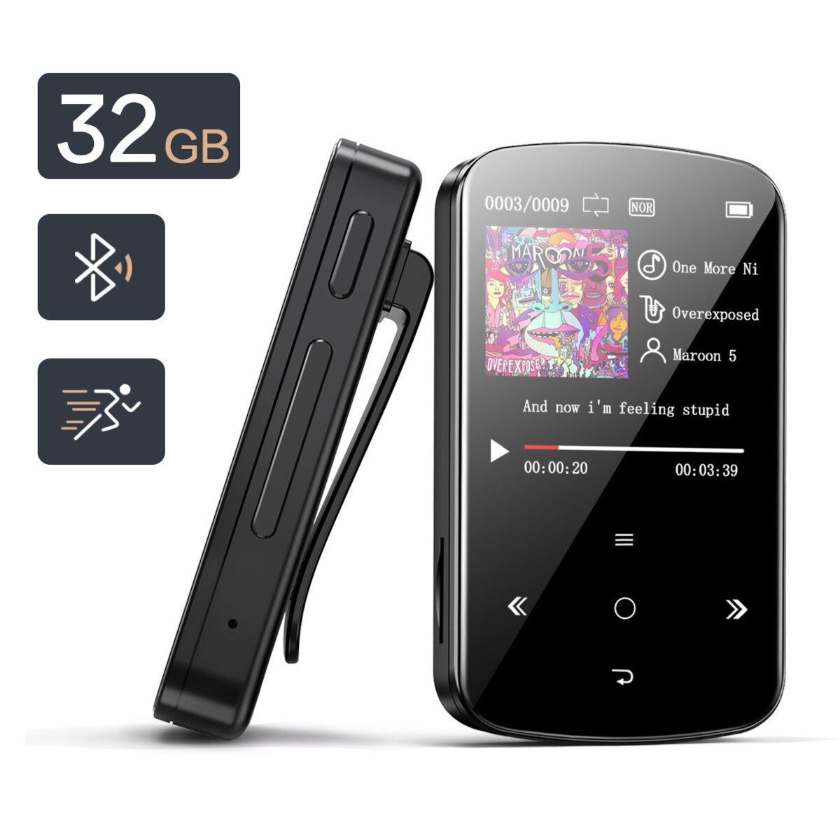 BENJIE M9 32GB Mini USB MP3 Sport Media Player 1.5 inch Color Screen Wireless Bluetooth 4.2 with Portable Clip TF Card S