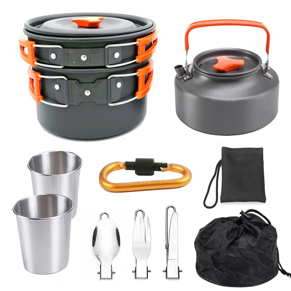 2-3 Person Camping Cookware Set Portable Outdoor Tableware Kit Campfire Kettle Pot Folding Fork Spoo