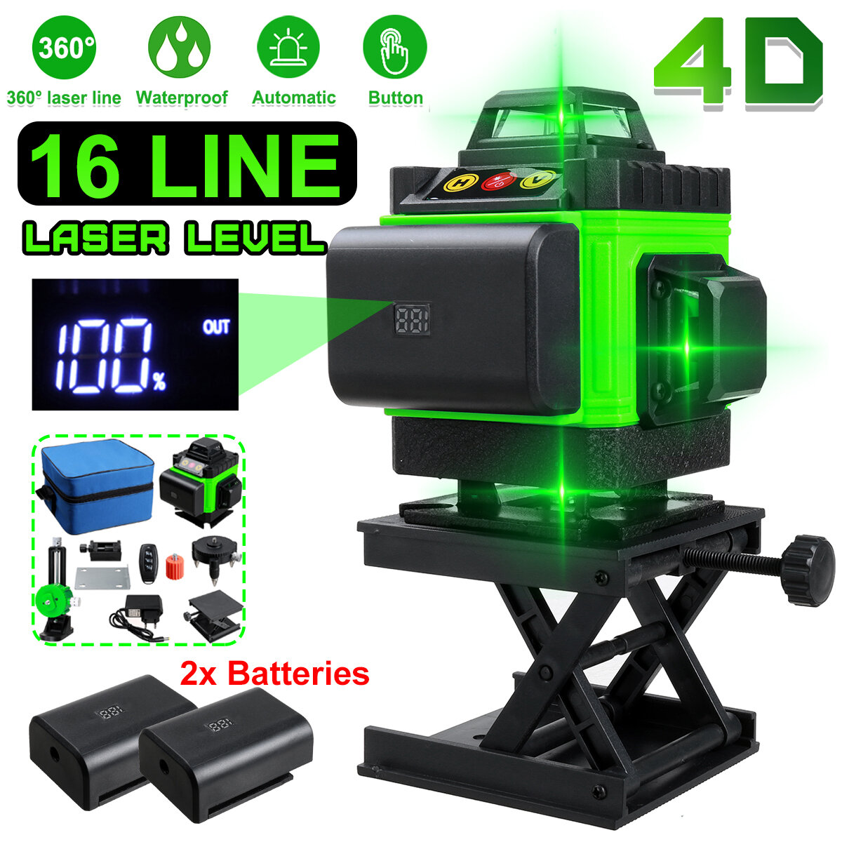 16 Lines 4D Laser Level, Green Laser Line, Self Leveling, Horizontal Lines &360 Degree Vertical Cross with 2xBattery for