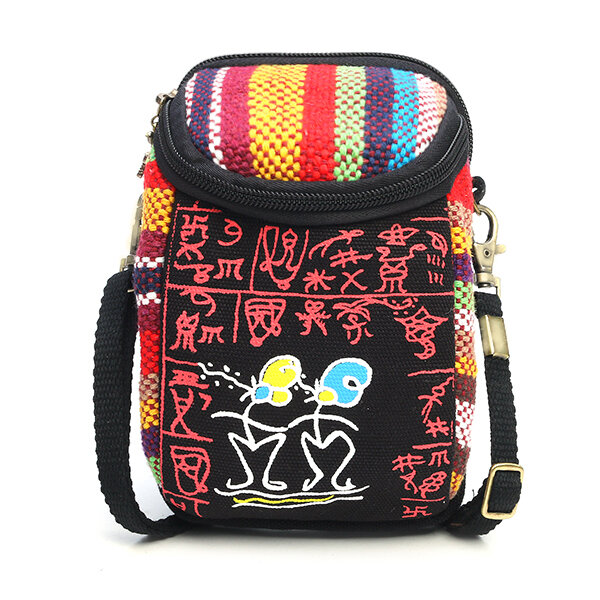 Mode Etnische Stijl Casual Mini Rits Canvas Dames Telefoon Tas Crossbody Tas Messenger Bag