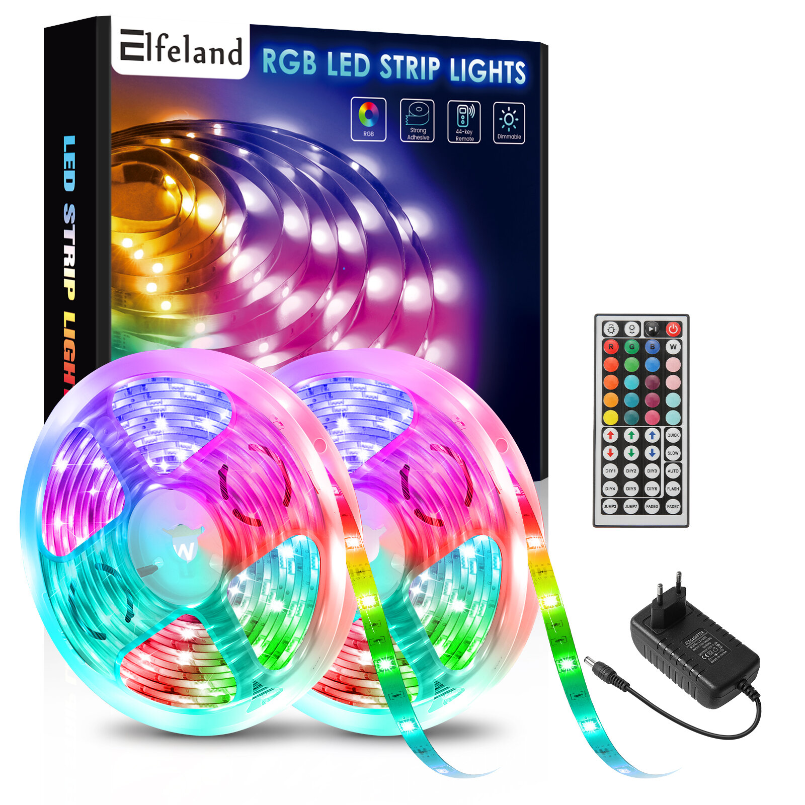 

Elfeland 20m 65.6FT SMD Led Strip Lights 360LED RGB 5050 Strip Light Non Waterproof Flexible DC12V With 44-Key Remote Co