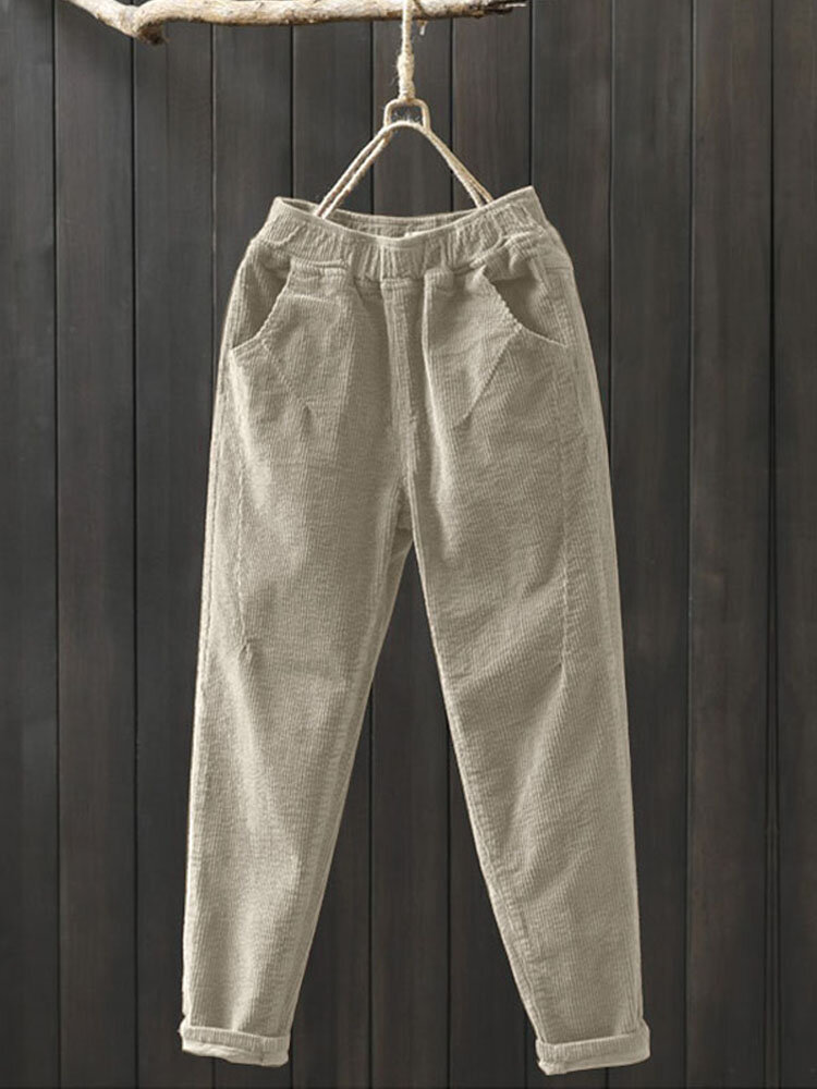 Harem casual Pantaloni in vita elastica in velluto a coste da donna con tasca