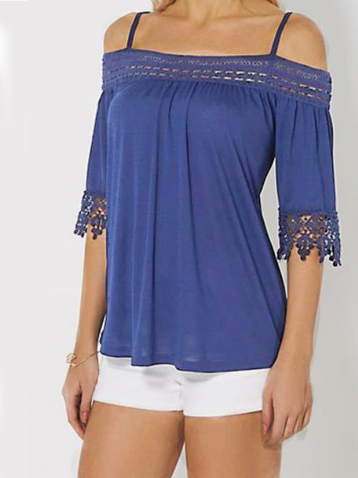 Lace Patchwork Cold Shoulder Half Sleeves Solid Tee