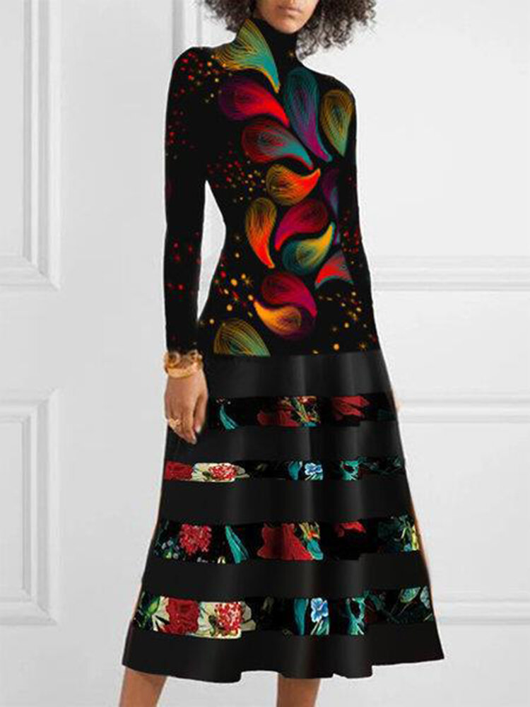 Dames abstracte print hoge hals vintage jurk met lange mouwen