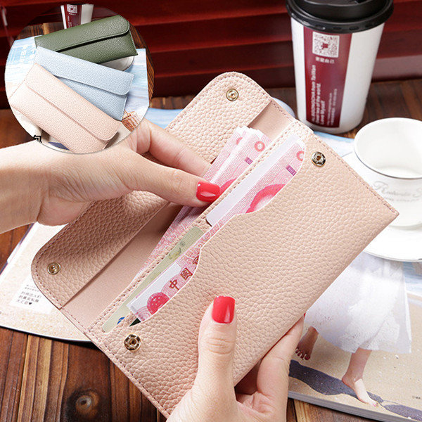 Vrouwen Litchi Patroon Solid Color Card Slot Wallet Purse Handtas Voor Smartphone iPhone Samsung