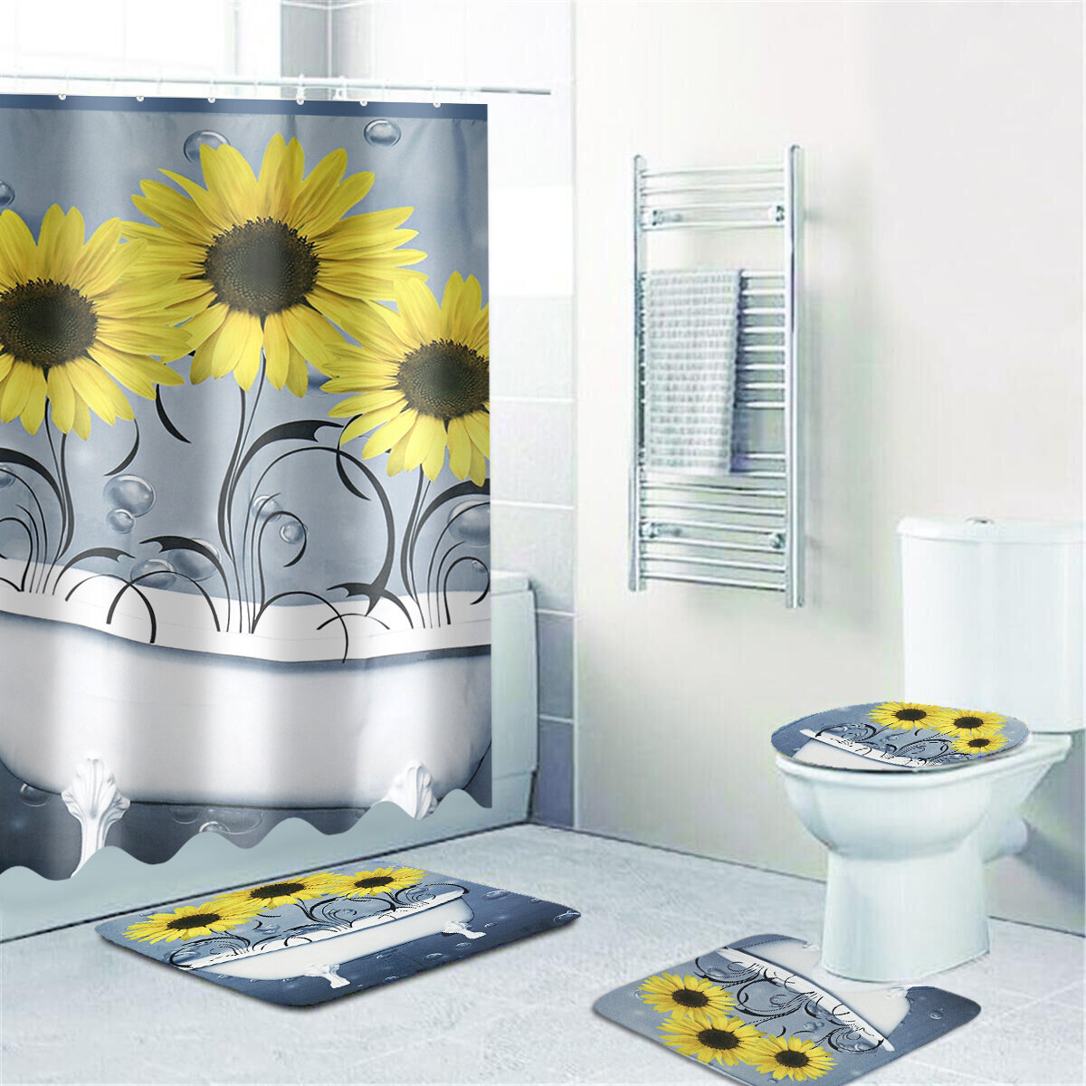 Sunflower Shower Curtain Non-Slip With Free Hooks Waterproof Fabric Bathroom Set 