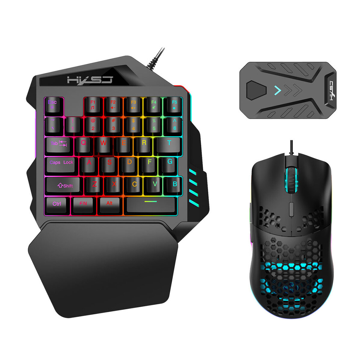 

HXSJ Keyboard+Mouse+Converter Combo Wired RGB Honeycomb Hollow Gaming Mouse V100 35 Keys Single-hand Gaming Keyboard Swi