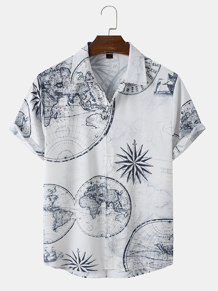 Men Map Pattern Button Up Short Sleeve Lapel Fits Street Cool Shirts