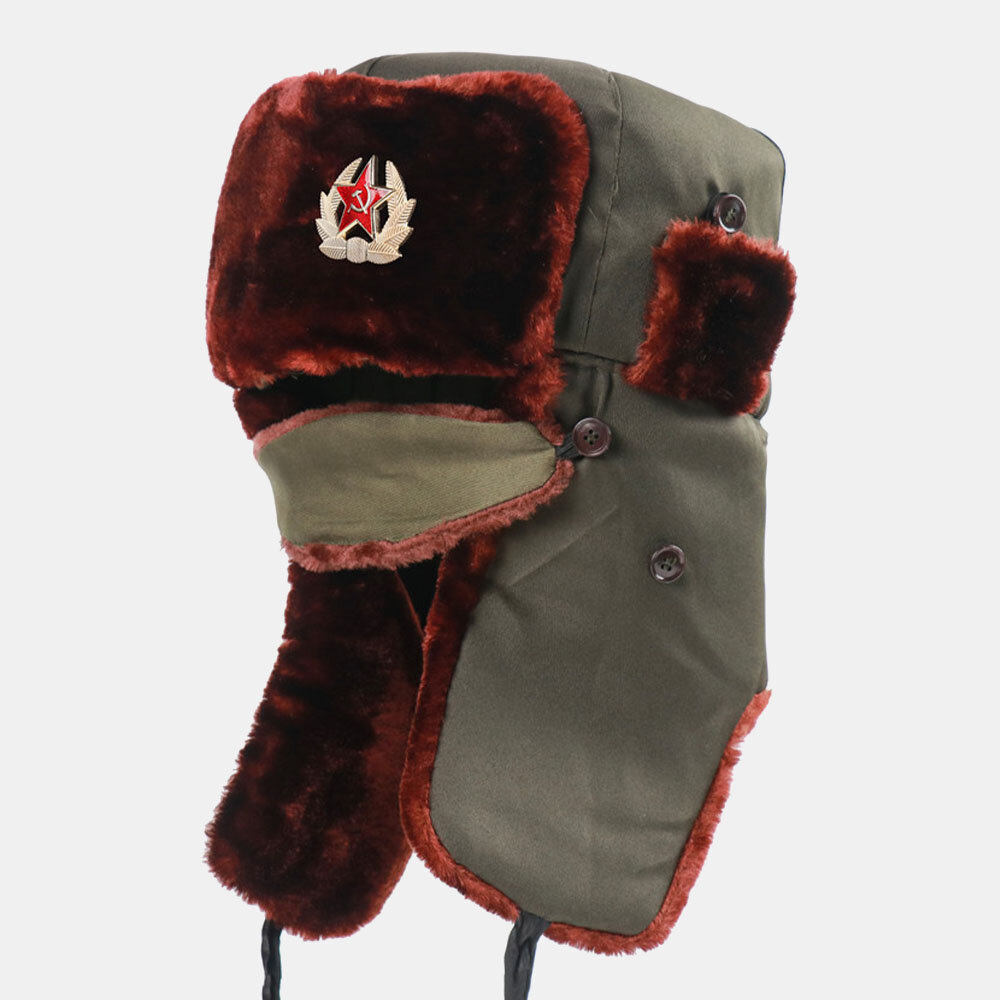 Mannen Sovjet Badge Dikker Plus Fluwelen Trapper Hoed Winter Fietsen Warm Oor Bescherming Winddicht 