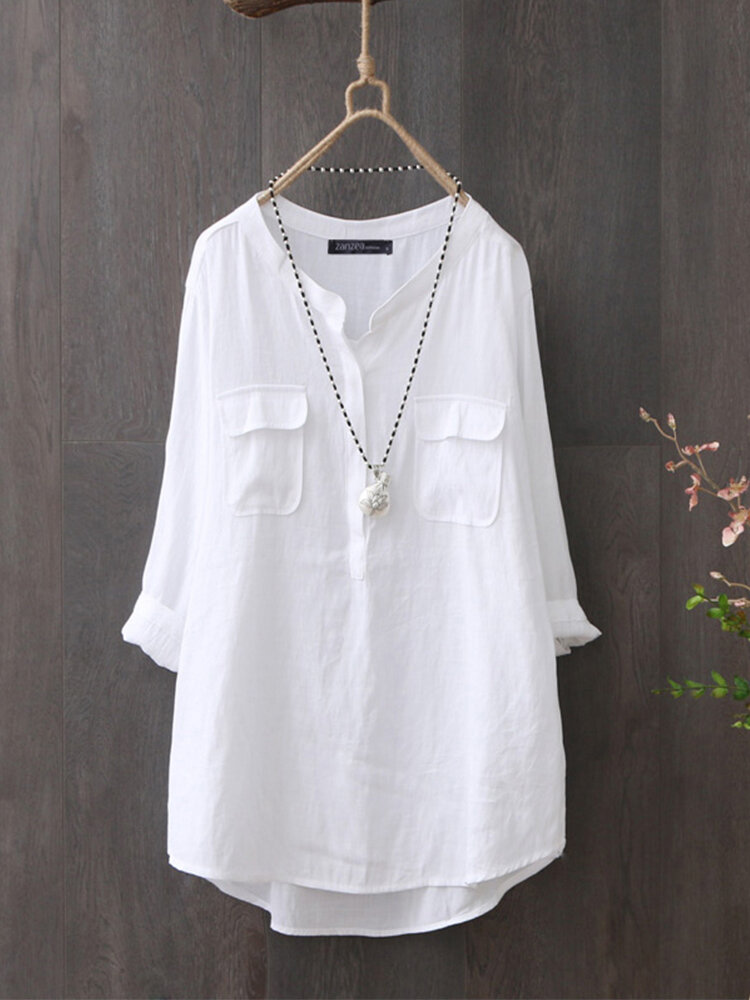 100 Cotton O Neck High Low Front Pockets Casual Loose Shirt For Women