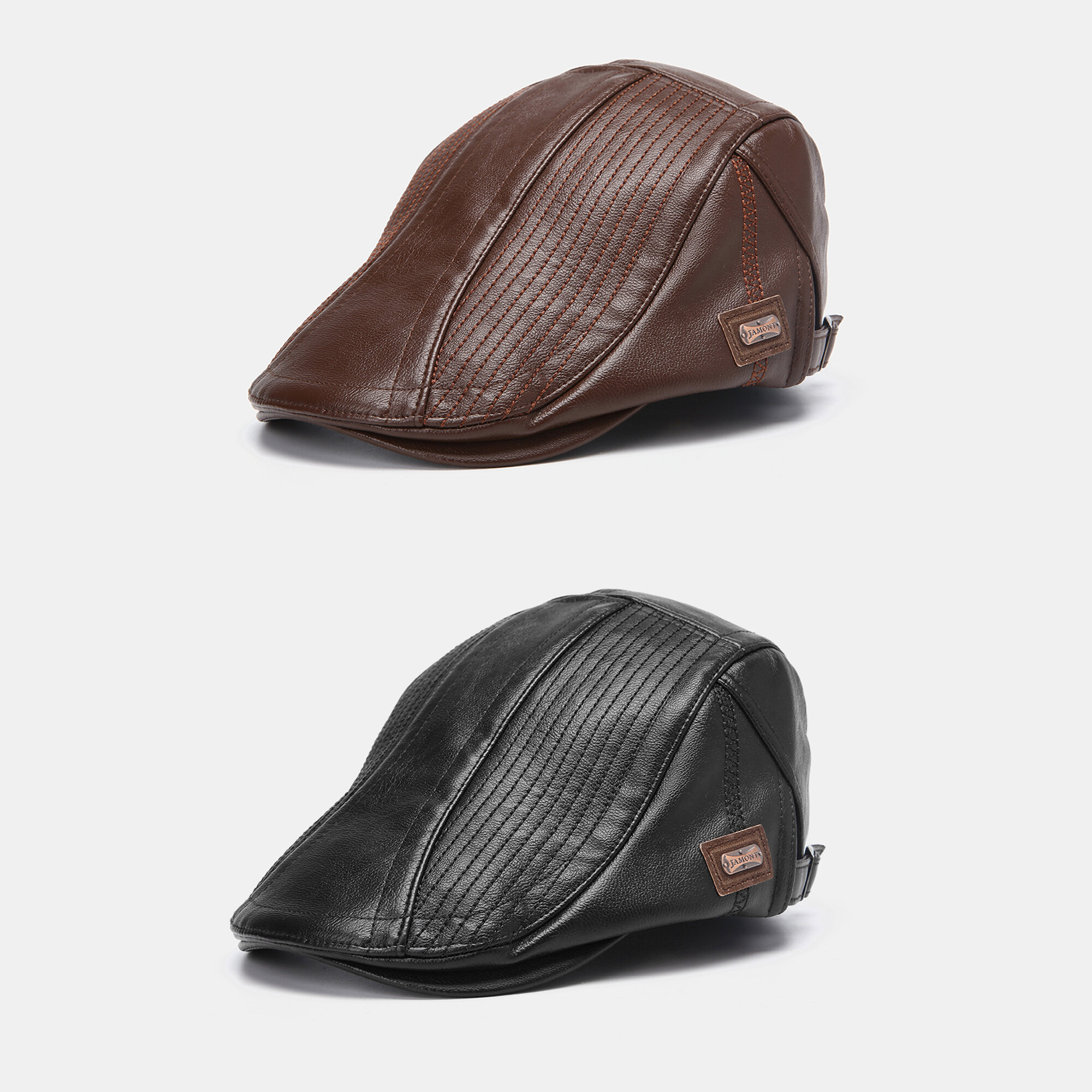 2PCS Collrown Men's PU Leather Retro Casual Warm Newsboy Hat Forward Hat Beret Hat