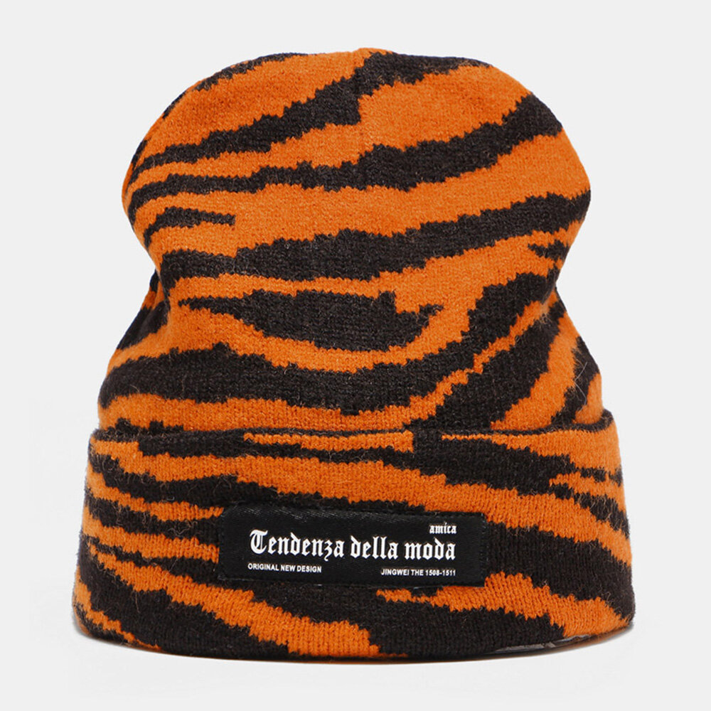 Unisex Acryl Gebreide Zebra Patroon Letter Doek Label Mode Warmte Brimless Beanie Hat
