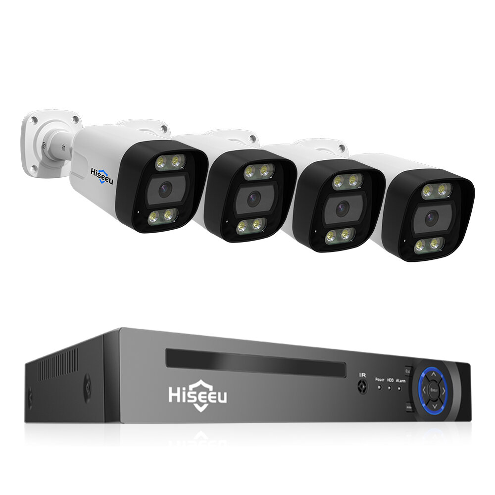 Hiseeu 8CH PoE Security CCTV Camera System Set Colorful Night Vision 2-way Audio APP Remote Monitoring H.265 AI Face Detection IP66 Waterproof Outdoors IP Camera NVR Set