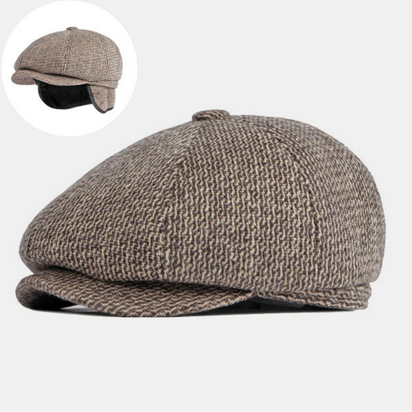 Men British Retro Ear Protection Woolen Octagonal Hat Middle-aged and Elderly Winter Warm Cool Prote
